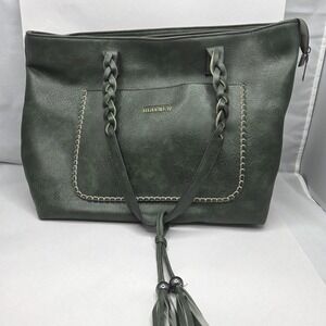 Hayner Green Faux Leather Tote Shoulder Bag Braided Handles Large Zip Top‎